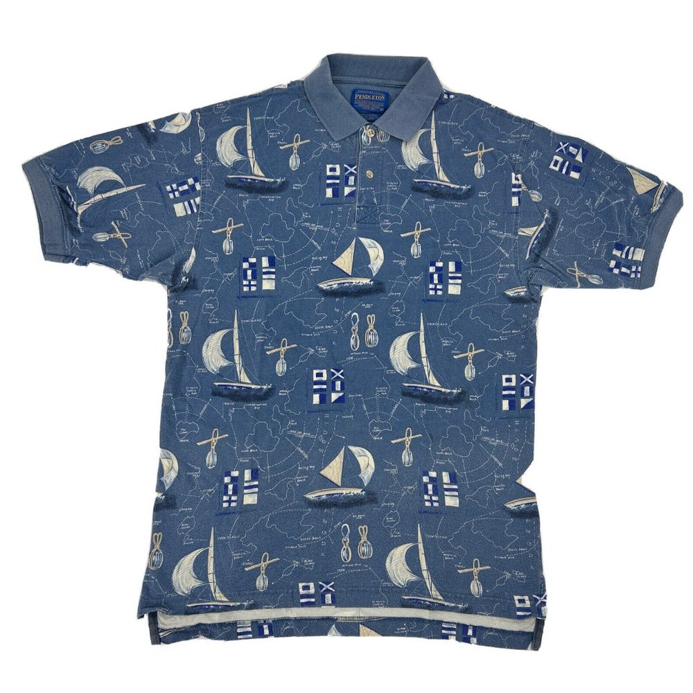 Men's Pendleton Short Sleeve Polo Shirt Blue‎ M Sailboats All Over Nautical